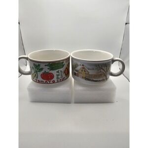 Vintage Ceramic Soup Mugs Lot of 2 Vegetable Medley and Winter Farm Scene Crocks